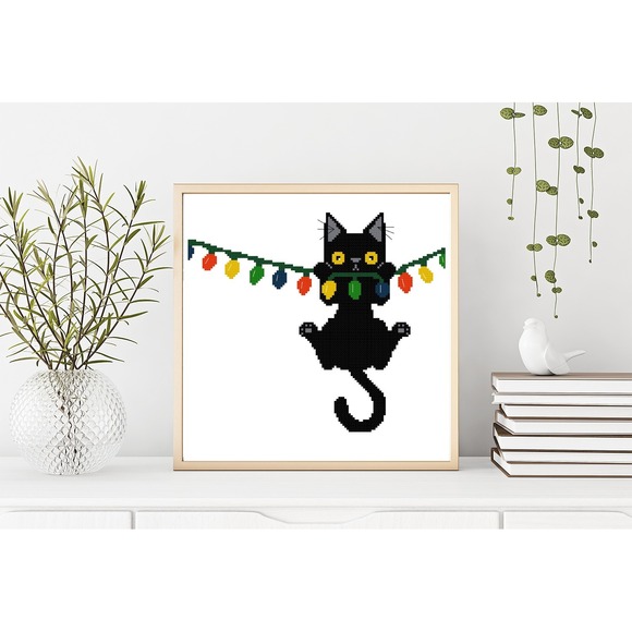 Christmas Black Cat Hanging Lights Humor Counted Cross Stitch Pattern Kit - Picture 3 of 5